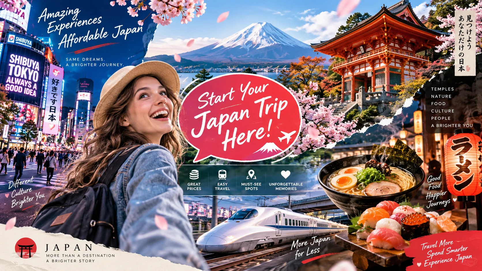 Japan travel collage with Tokyo, Mount Fuji, temples, trains and Japanese food